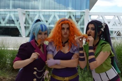 Size: 1504x1000 | Tagged: safe, artist:littlemissbloo, artist:sarahndipity cosplay, artist:shelbeanie, adagio dazzle, aria blaze, sonata dusk, human, clothes, cosplay, costume, frown, hair bite, irl, irl human, photo, the dazzlings