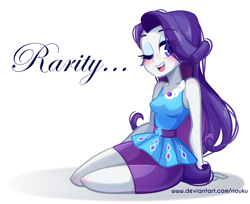 Size: 800x654 | Tagged: safe, artist:riouku, rarity, better together, equestria girls, clothes, cute, female, geode of shielding, jewelry, looking at you, magical geodes, necklace, one eye closed, open mouth, pencil skirt, raribetes, simple background, sitting, solo, white background, wink