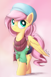 Size: 1500x2250 | Tagged: safe, artist:bugplayer, fluttershy, pegasus, pony, bugplayer is trying to murder us, clothes, cute, cutie mark necklace, female, fluffy, frown, hat, hilarious in hindsight, hipster, hipstershy, jewelry, mare, necklace, raised leg, scarf, shirt, shyabetes, solo, spread wings, stray strand, winter outfit