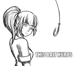 Size: 1103x958 | Tagged: safe, artist:enyoiyourself, sonata dusk, equestria girls, bait, crying, fishing hook, hook, impact font, looking at you, monochrome, reaction image, solo, this is bait