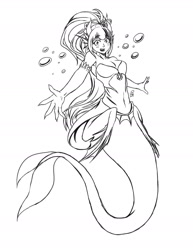 Size: 1280x1656 | Tagged: safe, artist:enyoiyourself, sonata dusk, mermaid, siren, belly button, blushing, breasts, fangs, female, jewel, jewelry, looking at you, mermaidized, midriff, monochrome, ocean, pendant, sirens doing siren things, solo, sonata bust, species swap, underwater