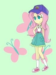 Size: 1536x2048 | Tagged: safe, artist:pinkiepie-ninjago, fluttershy, equestria girls, legend of everfree, cap, clothes, cute, cutie mark, green background, hat, shoes, simple background, smiling, sneakers, socks, solo