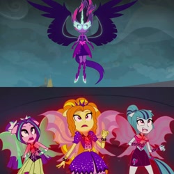 Size: 2560x2560 | Tagged: safe, artist:gerardo488, adagio dazzle, aria blaze, midnight sparkle, sci-twi, sonata dusk, twilight sparkle, equestria girls, friendship games, rainbow rocks, bare shoulders, fin wings, ponied up, sleeveless, strapless, the dazzlings, this will end in death