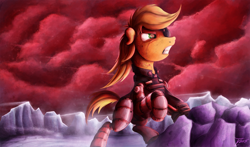 Size: 1250x734 | Tagged: safe, artist:jamescorck, applejack, earth pony, pony, the cutie re-mark, alternate timeline, battle armor, crystal war timeline, eyepatch, gritted teeth, red sky, scar, soldier, solo, war