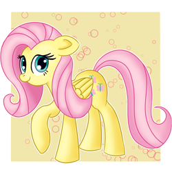 Size: 1800x1800 | Tagged: safe, artist:atmosseven, fluttershy, pegasus, pony, abstract background, cute, floppy ears, folded wings, looking at you, raised hoof, shyabetes, solo, standing