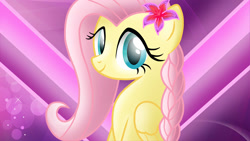 Size: 1920x1080 | Tagged: safe, artist:metal-jacket444, derpibooru import, fluttershy, pegasus, pony, beautiful, braid, cute, female, flower, flower in hair, looking at you, mare, shading, shiny, shyabetes, smiling, solo, wallpaper