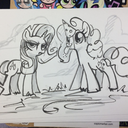 Size: 597x596 | Tagged: safe, artist:sararichard, pinkie pie, rarity, earth pony, pony, unicorn, hat, monochrome, party hat, tongue out, traditional art, unamused