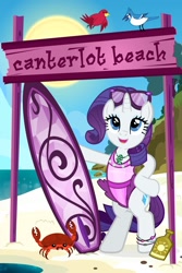 Size: 1200x1800 | Tagged: safe, artist:pixelkitties, rarity, crab, pony, unicorn, beach, bipedal, clothes, cute, female, glasses, hoof on hip, mare, one-piece swimsuit, raribetes, show accurate, surfboard, swimsuit