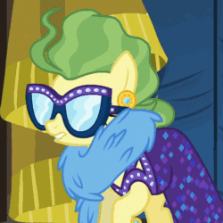 Size: 504x504 | Tagged: safe, screencap, flam, flim, fluttershy, pegasus, pony, viva las pegasus, animated, clothes, costume, flim flam brothers, gif, glasses, impossibly rich, raised eyebrow, solo focus