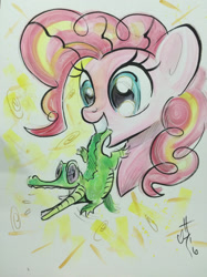 Size: 1280x1707 | Tagged: safe, artist:sararichard, gummy, pinkie pie, earth pony, pony, female, mare, pink coat, pink mane, traditional art