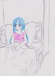 Size: 2031x2841 | Tagged: safe, artist:orochivanus, sonata dusk, equestria girls, bed, blushing, clothes, crying, nightgown, pillow, solo, traditional art