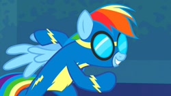 Size: 1280x720 | Tagged: safe, derpibooru import, screencap, rainbow dash, pegasus, pony, newbie dash, bipedal, clothes, female, goggles, mare, solo, uniform, wings, wonderbolts, wonderbolts uniform