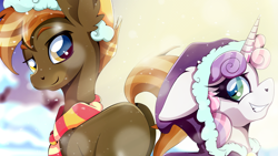 Size: 1920x1080 | Tagged: safe, artist:rariedash, derpibooru import, button mash, sweetie belle, earth pony, pony, unicorn, 16:9, 1920x1080, clothes, colt, cropped, duo, female, filly, hat, looking back, male, parka, scarf, shipping, sidemouth, smiling, snow, straight, sweetiemash, wallpaper, winter