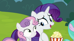 Size: 1280x720 | Tagged: safe, screencap, rarity, sweetie belle, pony, unicorn, forever filly, duo, female, filly, foal, food, grass, mare, popcorn, sisters, smiling