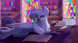 Size: 1024x569 | Tagged: source needed, safe, artist:sarehkee, derpibooru import, oc, oc only, oc:philly stone, griffon, bookshelf, library, lying down, male, reading, solo, stained glass, trap, wallpaper