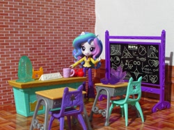 Size: 1320x990 | Tagged: safe, artist:whatthehell!?, princess celestia, principal celestia, equestria girls, apple, chair, chalkboard, classroom, clothes, cup, desk, doll, equestria girls minis, food, gem, irl, photo, shoes, toy