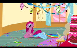 Size: 496x311 | Tagged: safe, derpibooru import, screencap, pinkie pie, rainbow dash, earth pony, pegasus, pony, party of one, angry, butt bump, butt smash, cake, confetti, facesitting, food, pinkamena diane pie, pinkie pie's house, pinkie's party, sitting on, sitting on pony