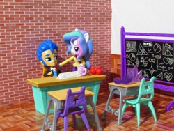 Size: 1320x990 | Tagged: safe, artist:whatthehell!?, flash sentry, princess celestia, principal celestia, equestria girls, apple, chair, chalkboard, classroom, clothes, cup, desk, doll, equestria girls minis, food, gem, irl, photo, shoes, toy