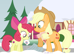 Size: 1000x735 | Tagged: safe, artist:dm29, apple bloom, applejack, earth pony, pony, crusaders of the lost mark, advent calendar, clothes, cutie mark, duo, female, filly, holiday horse days, scarf, snow, snow shovel, the cmc's cutie marks, winter