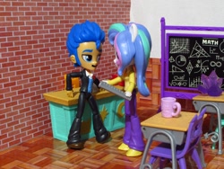 Size: 1200x900 | Tagged: safe, artist:whatthehell!?, flash sentry, princess celestia, principal celestia, equestria girls, apple, chair, chalkboard, classroom, clothes, cup, desk, doll, equestria girls minis, food, gem, irl, photo, shoes, toy