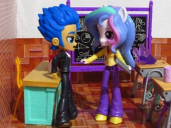 Size: 1240x930 | Tagged: safe, artist:whatthehell!?, flash sentry, princess celestia, principal celestia, equestria girls, apple, chair, chalkboard, classroom, clothes, cup, desk, doll, equestria girls minis, food, gem, irl, photo, shoes, toy