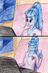 Size: 2236x3383 | Tagged: safe, artist:40kponyguy, derpibooru exclusive, sonata dusk, equestria girls, computer, eyes closed, laptop computer, reaction image, solo, thumbs up, traditional art