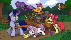 Size: 4800x2700 | Tagged: safe, artist:latecustomer, derpibooru import, apple bloom, scootaloo, sweetie belle, oc, bird, pony, unicorn, cart, commission, cutie mark crusaders, female, filly, night elf, pepe (warcraft), potion, smiling, sword, treasure, wallpaper, warcraft, weapon, world of warcraft