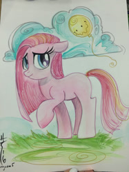 Size: 1280x1707 | Tagged: safe, artist:sararichard, pinkie pie, earth pony, pony, balloon, missing cutie mark, pinkamena diane pie, solo, traditional art