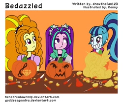 Size: 964x828 | Tagged: safe, artist:goddessgoodra, adagio dazzle, aria blaze, sonata dusk, comic:bedazzled, equestria girls, bedazzled, halloween, jack-o-lantern, pumpkin, the dazzlings