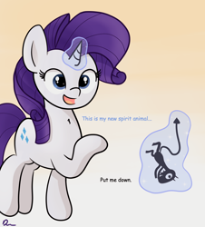 Size: 1280x1416 | Tagged: safe, artist:badponyvectors, rarity, pony, unicorn, abstract background, chest fluff, crossover, disenchantment, female, luci, magic, mare, open mouth, pointing, raised hoof, simple background, smiling, text, white background