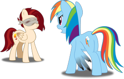 Size: 2844x1818 | Tagged: safe, derpibooru import, rainbow dash, oc, oc:dusk feather, pegasus, pony, fallout equestria: redemption is magic, angry, blind, blindfold, chapter art, simple background, transparent background