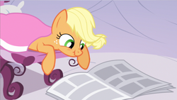 Size: 1280x720 | Tagged: safe, screencap, applejack, earth pony, pony, ponyville confidential, newspaper, nose wrinkle, reading, scrunchy face, silly, silly pony