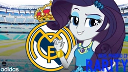 Size: 1271x712 | Tagged: safe, edit, rarity, better together, equestria girls, choose rarity, cyoa, estadio santiago bernabeu, geode of shielding, gritted teeth, jewelry, lidded eyes, looking at you, magical geodes, raised eyebrow, real madrid