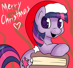 Size: 650x600 | Tagged: safe, artist:lustrous-dreams, derpibooru import, twilight sparkle, ask, ask filly twilight, book, christmas, filly, hat, heart, santa hat, solo, tumblr, younger