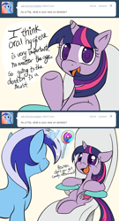 Size: 650x1200 | Tagged: safe, artist:lustrous-dreams, derpibooru import, minuette, twilight sparkle, ask, ask filly twilight, comic, dentist, filly, lollipop, magic, tumblr, younger
