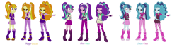 Size: 2388x636 | Tagged: safe, artist:prettycelestia, adagio dazzle, aria blaze, sonata dusk, equestria girls, boots, clothes, high heel boots, high heels, palette swap, pigtails, ponytail, prettycelestia's eqg recolor series, recolor, skirt, the dazzlings, twintails