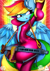 Size: 3500x4950 | Tagged: safe, artist:ahekao, derpibooru import, rainbow dash, pegasus, pony, comic:the most powerful adventure, absolute cleavage, bodysuit, breasts, chestbreasts, cleavage, female, gun, machine gun, mare, mg 42, open mouth, pose, sexy, solo, spread wings, stretching, stupid sexy rainbow dash, tight clothing, weapon, wings