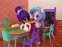 Size: 1000x750 | Tagged: safe, artist:whatthehell!?, princess celestia, principal celestia, sci-twi, twilight sparkle, equestria girls, apple, chair, chalkboard, classroom, clothes, coat, cup, desk, doll, equestria girls minis, food, gem, irl, photo, shoes, toy