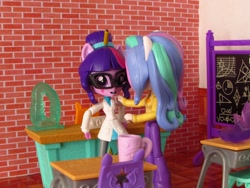 Size: 1000x750 | Tagged: safe, artist:whatthehell!?, princess celestia, principal celestia, sci-twi, twilight sparkle, equestria girls, apple, chair, chalkboard, classroom, clothes, coat, cup, desk, doll, equestria girls minis, food, gem, irl, photo, shoes, toy