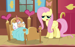 Size: 860x540 | Tagged: safe, screencap, fluttershy, philomena, bird, pegasus, phoenix, pony, a bird in the hoof, season 1, bed, cropped, duo, female, fluttershy's cottage, looking at you, mare, serious face, thermometer, thousand yard stare