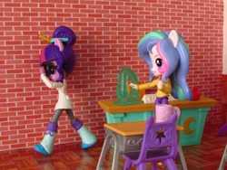 Size: 1000x750 | Tagged: safe, artist:whatthehell!?, princess celestia, principal celestia, sci-twi, twilight sparkle, equestria girls, apple, chair, classroom, clothes, coat, crying, cup, desk, doll, equestria girls minis, food, gem, irl, photo, shoes, toy