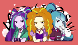 Size: 3000x1756 | Tagged: safe, artist:dndlon6, adagio dazzle, aria blaze, sonata dusk, equestria girls, rainbow rocks, adoragio, ariabetes, bust, cute, evil grin, grin, looking at you, pixiv, smiling, sonatabetes, the dazzlings