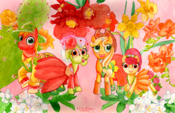 Size: 5040x3269 | Tagged: safe, artist:kelseyleah, apple bloom, applejack, big macintosh, granny smith, earth pony, pony, absurd resolution, apple, apple family, apple siblings, cactus, clothes, daffodil, dress, flower, freesia, male, pomegranate, stallion, traditional art