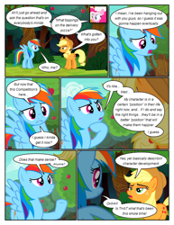 Size: 612x792 | Tagged: safe, artist:newbiespud, derpibooru import, edit, edited screencap, screencap, applejack, pinkie pie, rainbow dash, earth pony, pegasus, pony, comic:friendship is dragons, apple, chef's hat, comic, dialogue, female, food, forest, freckles, goggles, grin, hat, mare, raised hoof, screencap comic, smiling, thinking, tree, unamused