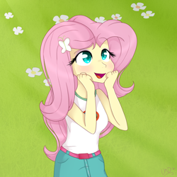 Size: 1000x1000 | Tagged: safe, artist:ultrard, fluttershy, equestria girls, legend of everfree, amazed, blushing, clothes, colored pupils, cute, denim skirt, open mouth, scene interpretation, shyabetes, skirt, solo