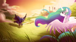 Size: 1920x1080 | Tagged: safe, artist:lunarcakez, princess celestia, princess luna, alicorn, pony, canterlot, cloud, duo, female, field, looking at each other, plant, royal sisters, running, sisters, spread wings, sunset, wings