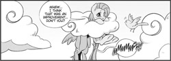 Size: 626x223 | Tagged: safe, derpibooru import, seven seas, fluttershy, rainbow dash, bird, pegasus, pony, my little pony: the manga, black and white, cloud, cute, dialogue, duo, female, grayscale, mare, monochrome, speech bubble