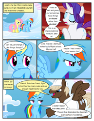 Size: 612x792 | Tagged: safe, artist:newbiespud, derpibooru import, edit, edited screencap, screencap, dumbbell, fluttershy, rainbow dash, rarity, pegasus, pony, unicorn, comic:friendship is dragons, sonic rainboom (episode), angry, annoyed, book, clothes, comic, dialogue, eyes closed, female, frown, golden oaks library, hat, male, mare, raised hoof, screencap comic, scroll, sigh, stallion, weather factory uniform