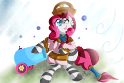 Size: 5000x3344 | Tagged: safe, artist:llamaswithkatanas, pinkie pie, zebra, party cannon, solo, species swap, zebrafied