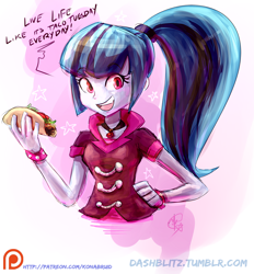 Size: 850x916 | Tagged: safe, artist:manic-the-lad, sonata dusk, equestria girls, a dash of everything, cute, food, motivational, patreon, patreon logo, solo, sonataco, taco, taco tuesday